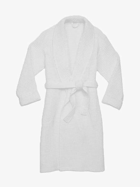 Brooklinen Waffle Towel Robe in branded component on a light gray background