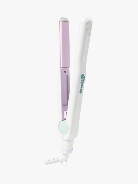Mane The Three Way Multi-Use Flat Iron in white and purple on light grey background