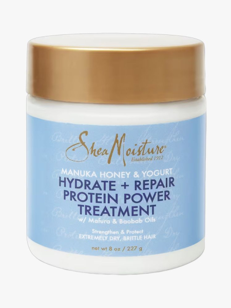 SheaMoisture Manuka Honey & Yogurt Hydrate + Repair Protein-Strong Treatment in branded tub component on a light gray background