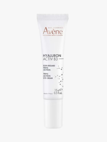 Avène Hyaluron Activ B3 Triple Action Eye Cream in branded tube component on a light gray background